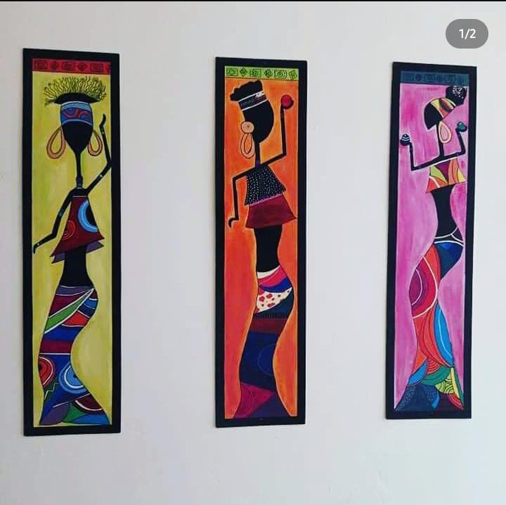 Art é Soul's Oversized Set of 3 African Tribal Art on Wood Panels - Hand-Painted Statement Piece
