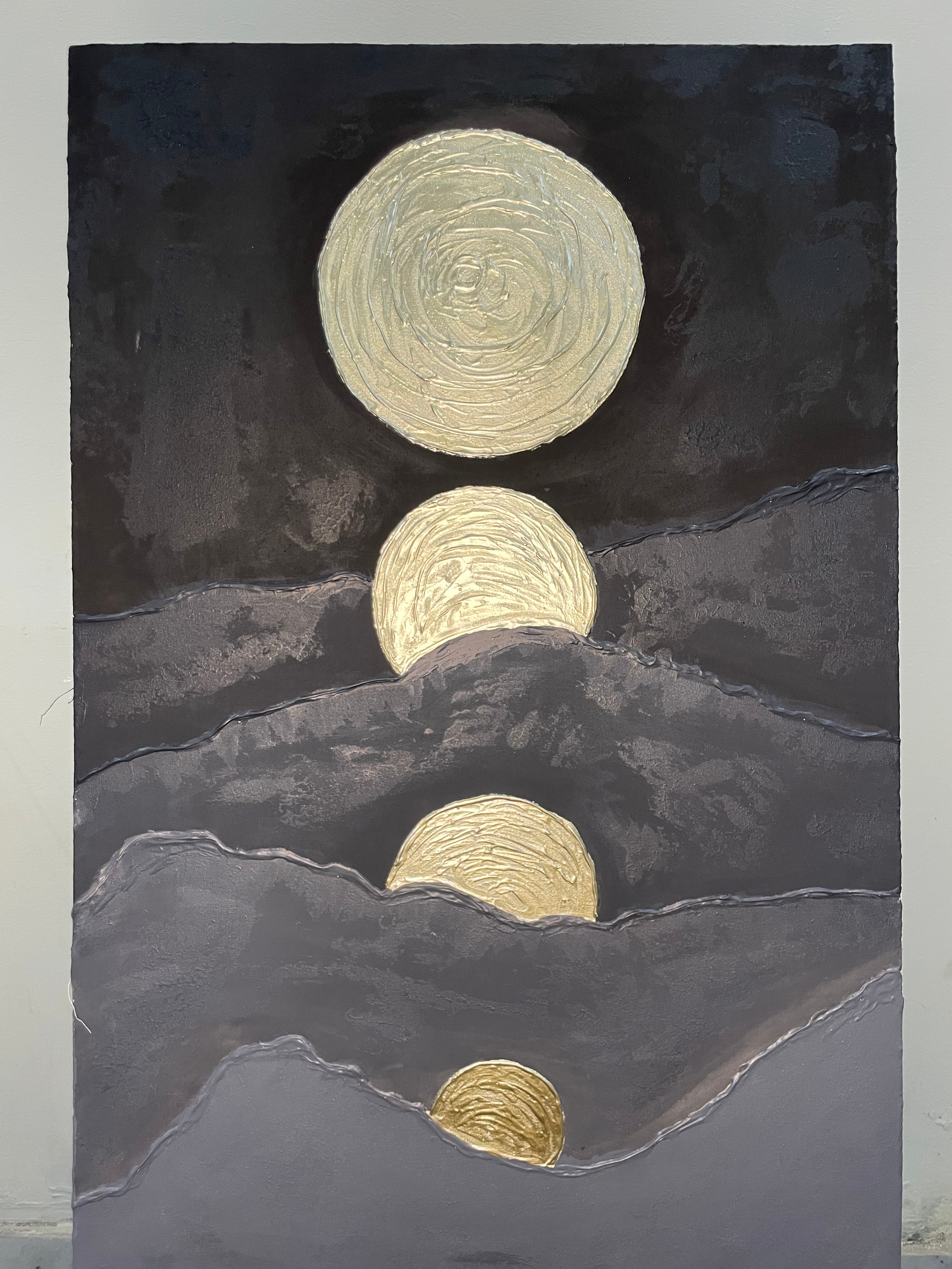 Art é Soul's "Golden Ascent" – Vertical 3D Textured Moon Phase Painting | Hand-Painted Gold & Charcoal Mountain Wall Art