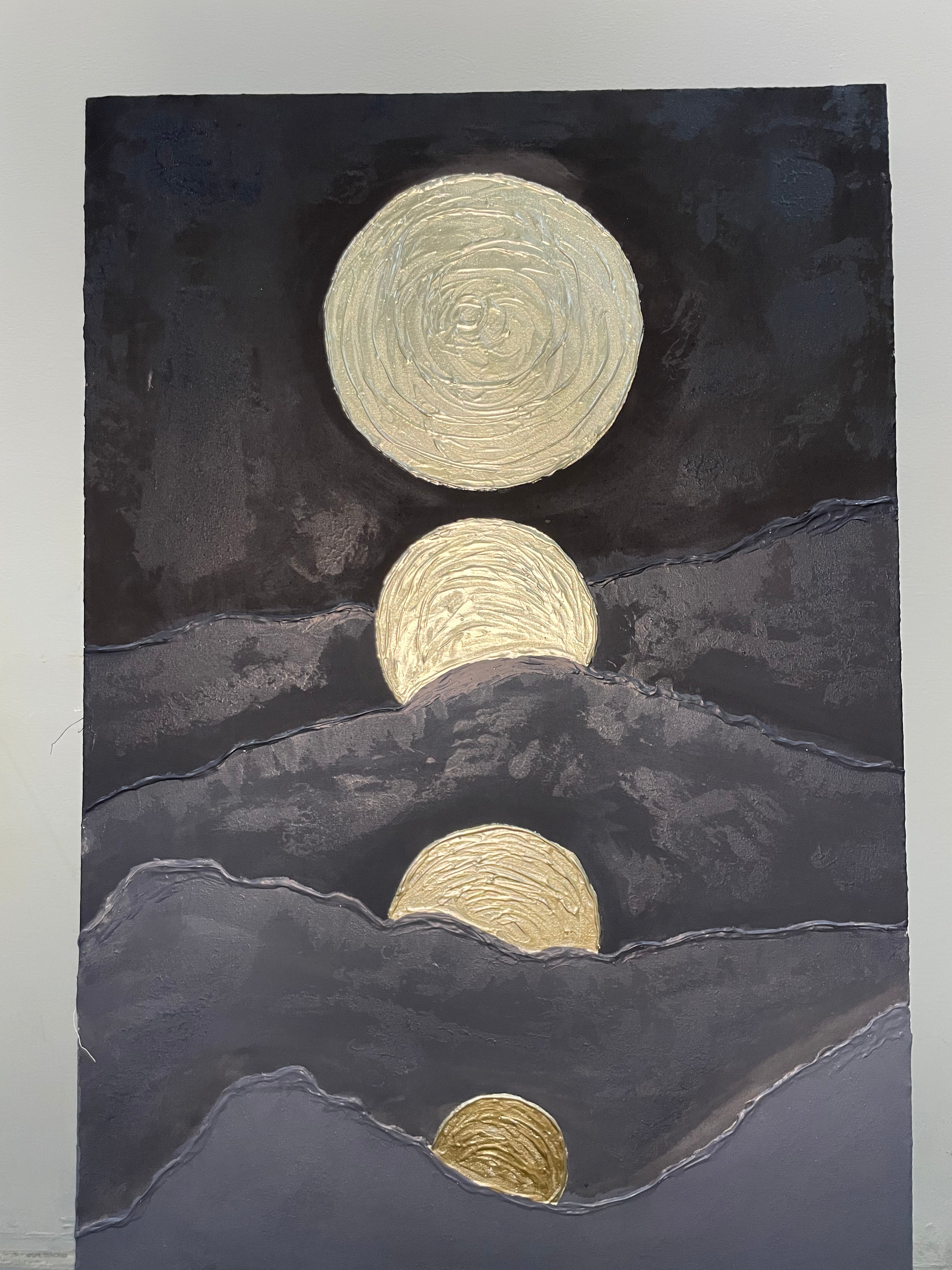Art é Soul's "Golden Ascent" – Vertical 3D Textured Moon Phase Painting | Hand-Painted Gold & Charcoal Mountain Wall Art