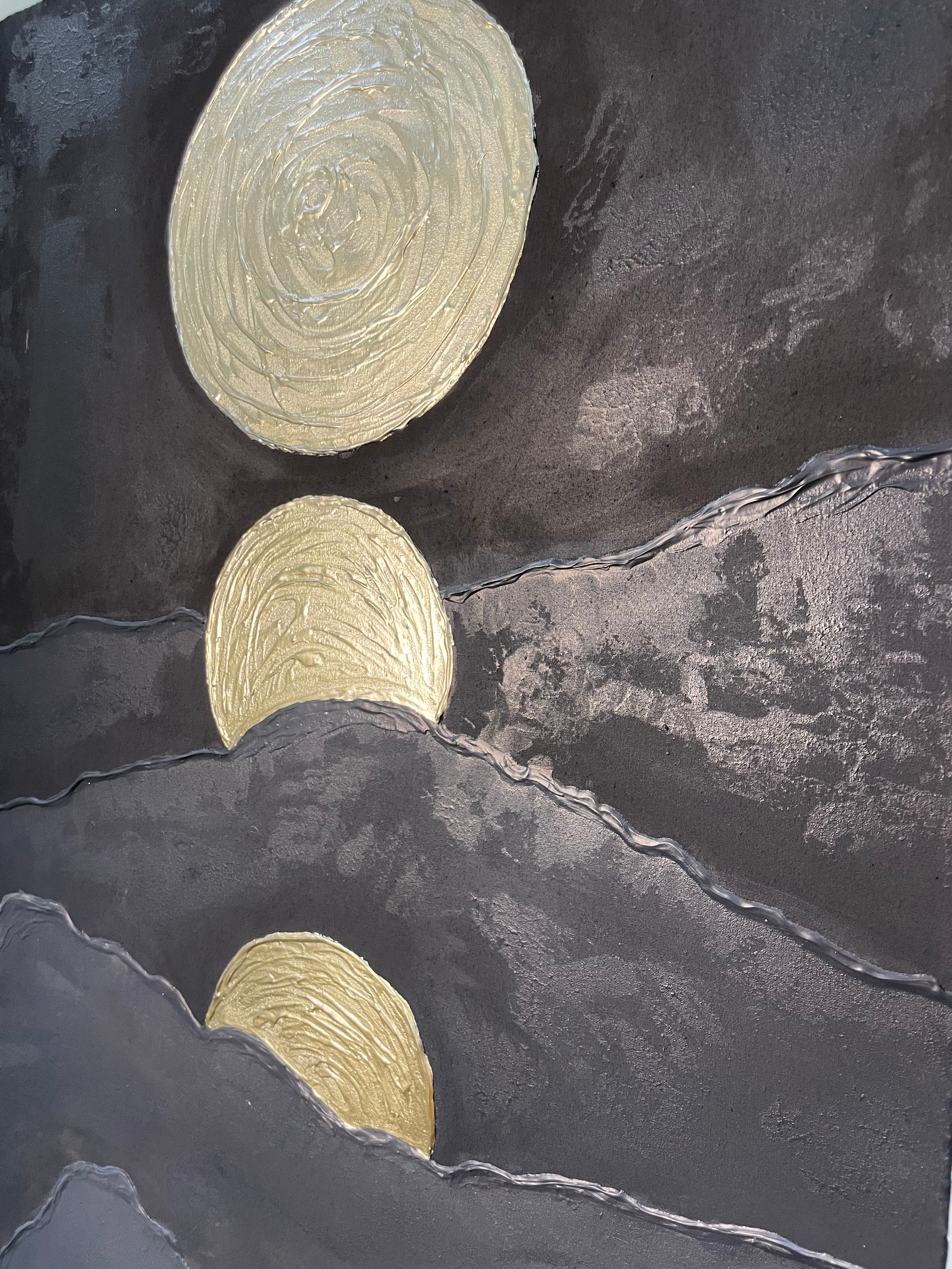 Art é Soul's "Golden Ascent" – Vertical 3D Textured Moon Phase Painting | Hand-Painted Gold & Charcoal Mountain Wall Art