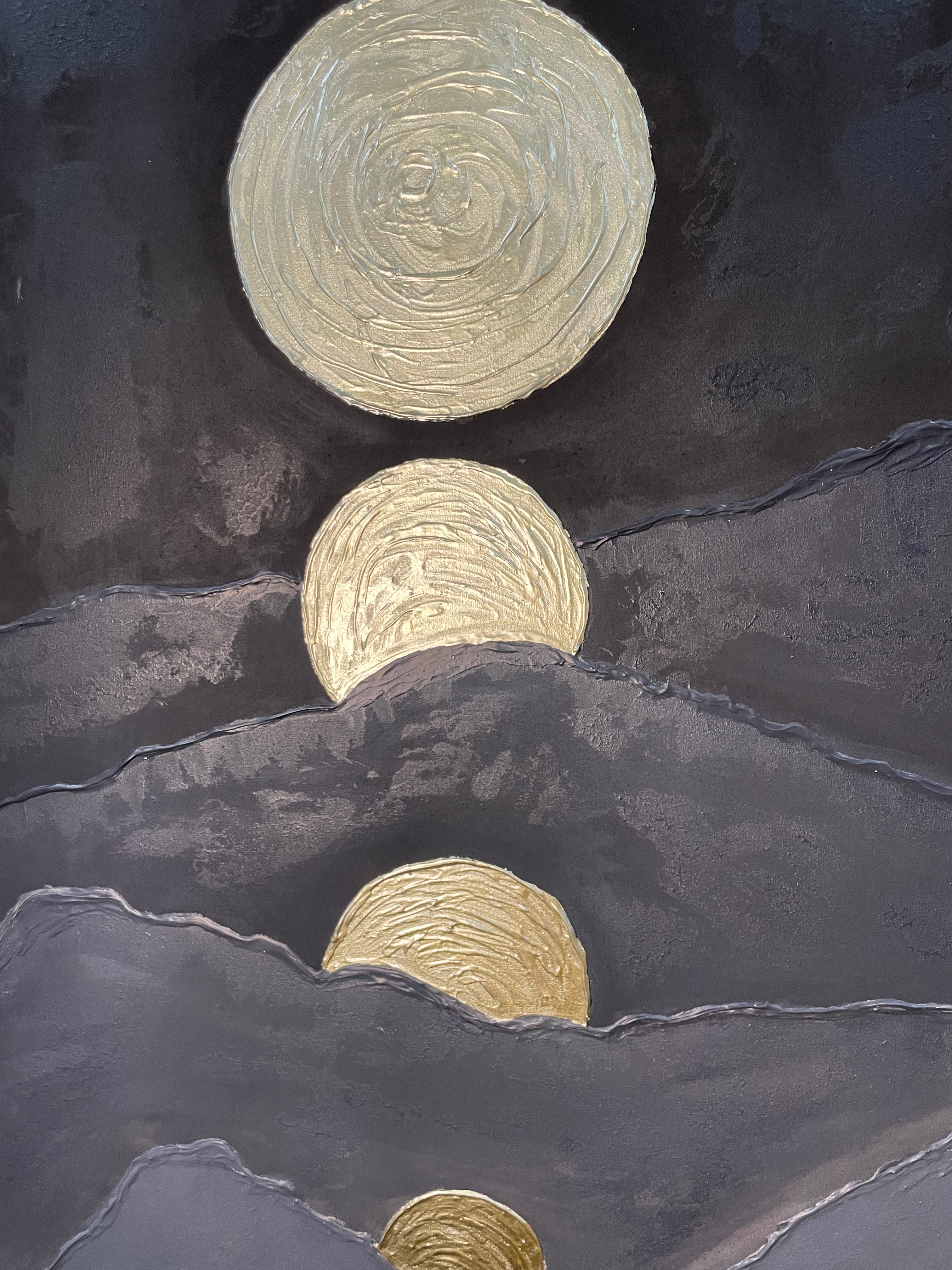 Art é Soul's "Golden Ascent" – Vertical 3D Textured Moon Phase Painting | Hand-Painted Gold & Charcoal Mountain Wall Art