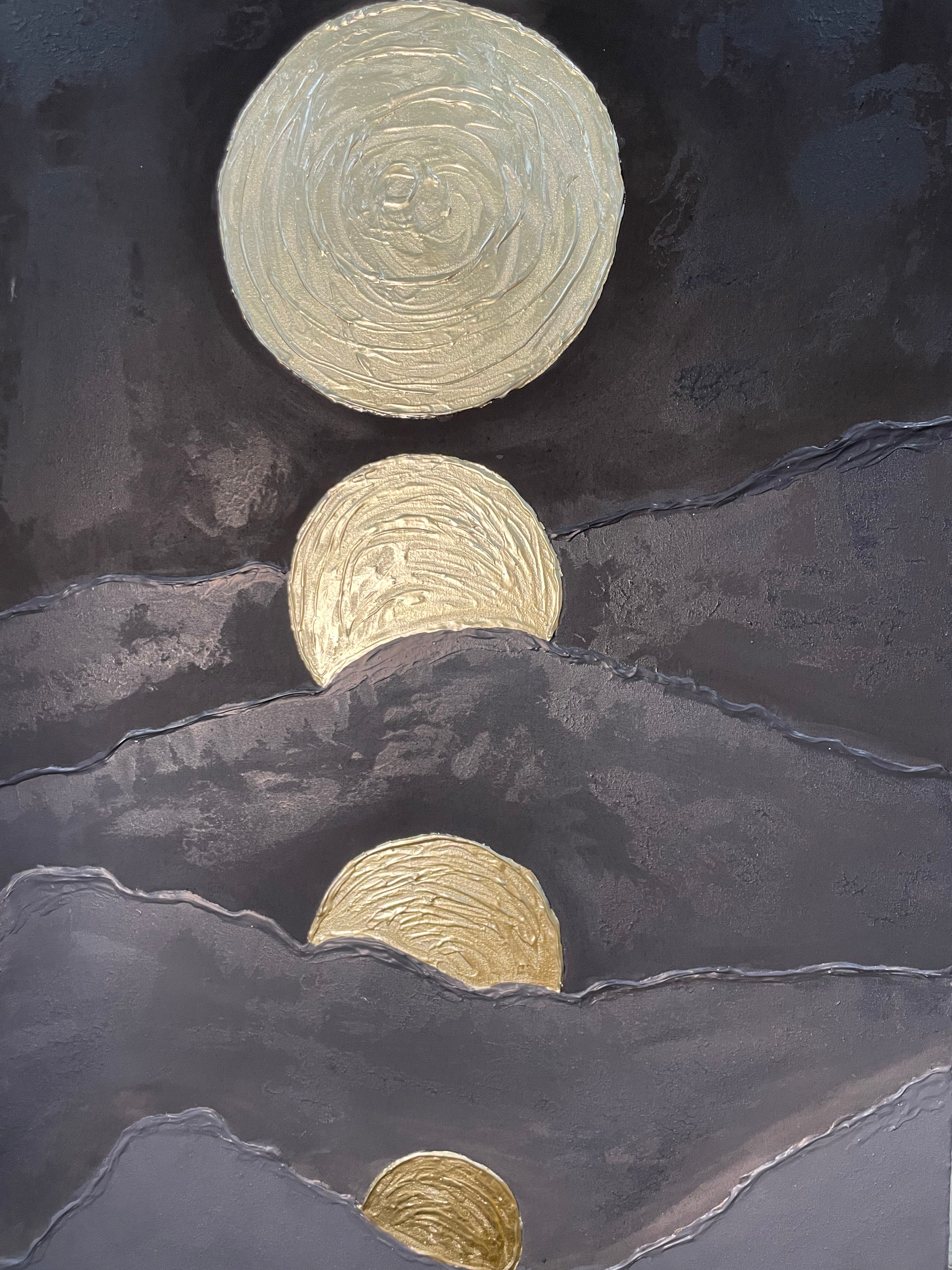 Art é Soul's "Golden Ascent" – Vertical 3D Textured Moon Phase Painting | Hand-Painted Gold & Charcoal Mountain Wall Art
